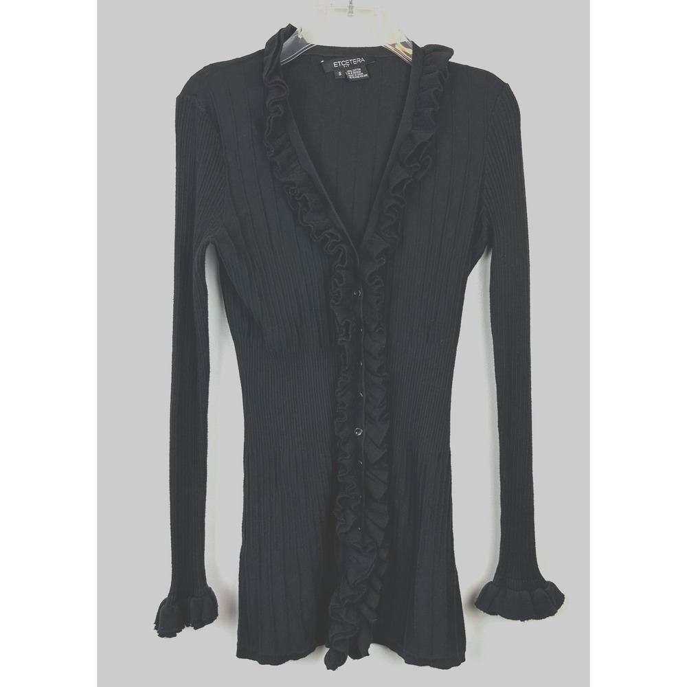 Etcetera Cardigan Sweater Womens Small Ruffled Black Cotton Career Ribbed